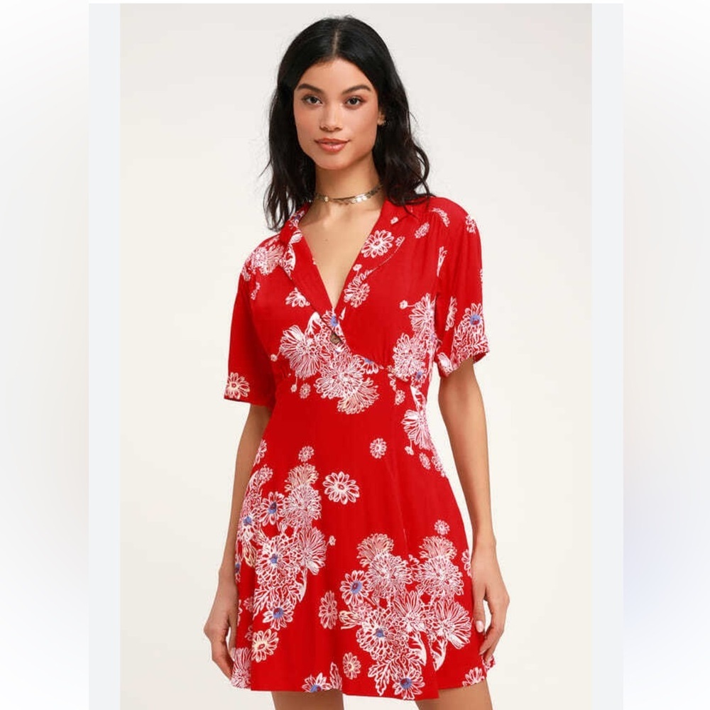 Free People Blue Hawaii Printed Floral Fit and Flare Button Collar Dress small